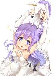 Rule 34 | 1girl, :d, ahoge, animal, arms up, azur lane, black bow, black ribbon, blush, bow, breasts, collarbone, commentary request, detached sleeves, dress, flying sweatdrops, hair between eyes, hair bun, hair ribbon, highres, long hair, long sleeves, looking up, maru shion, open mouth, pantyhose, purple eyes, purple hair, ribbon, side bun, simple background, single hair bun, single side bun, sitting, sleeves past wrists, small breasts, smile, solo, sparkle, twitter username, unicorn (azur lane), very long hair, white background, white dress, white pantyhose, winged unicorn