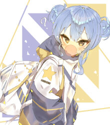Rule 34 | 1girl, ?, bandaid, bandaid on face, blue hair, blush, blowing bubbles, double bun, ememo, hair bun, hands in pockets, highres, hololive, hoshimachi suisei, jacket, long sleeves, looking to the side, simple background, solo, upper body, virtual youtuber, white jacket, yellow eyes