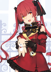 Rule 34 | 1girl, bare shoulders, black bow, black bowtie, black gloves, bow, bowtie, breasts, cleavage, commentary request, cowboy shot, detached sleeves, doll, dress, drill hair, frilled dress, frilled sleeves, frills, gloves, gothic lolita, hair ribbon, heterochromia, highres, holding, holding doll, hololive, houshou marine, kaname (melaninusa09), large breasts, leotard, leotard under clothes, lolita fashion, long hair, long sleeves, looking at viewer, open mouth, pocket watch, red dress, red eyes, red hair, red sleeves, ribbon, ringlets, see-through, see-through cleavage, see-through leotard, short dress, sleeveless, sleeveless dress, solo, stuffed animal, stuffed toy, teddy bear, twin drills, twintails, underwear, virtual youtuber, watch, yellow eyes