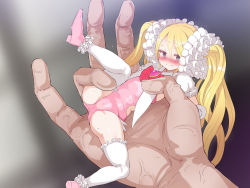Rule 34 | 1boy, 1girl, ass, blonde hair, blush, cameltoe, gloves, grey eyes, gulp5959, hand focus, highres, holding, in palm, knee up, leg up, leotard, long hair, looking at viewer, magical girl, mini person, minigirl, original, pink footwear, pink leotard, restrained, scrunchie, shoes, spread legs, thighhighs, very long hair, wavy mouth, white gloves, white thighhighs