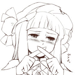 Rule 34 | 1girl, blush, bow, daitai konna kanji, embarrassed, female focus, greyscale, hat, hat bow, high contrast, looking away, monochrome, nose blush, patchouli knowledge, portrait, simple background, sketch, solo, text focus, touhou, white background, x fingers
