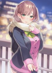 Rule 34 | 1girl, absurdres, bag, blue jacket, blurry, blurry background, blush, bow, bowtie, breasts, brown hair, brown scarf, clenched hands, clothes grab, crying, dot nose, dutch angle, frown, green bow, green bowtie, green eyes, hair between eyes, highres, jacket, long sleeves, looking at viewer, medium breasts, medium hair, miniskirt, nose blush, open clothes, open jacket, open mouth, original, out of frame, outdoors, parted lips, pink sweater, pleated skirt, railing, ringozaka mariko, scarf, school bag, school uniform, skirt, sleeves past wrists, standing, sweater, tears, twintails
