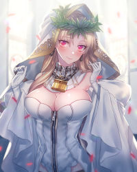 Rule 34 | 10s, 1girl, backlighting, bare shoulders, blonde hair, blurry, blush, breasts, bridal veil, bursting breasts, chain, cleavage, closed mouth, cosplay, cowboy shot, day, depth of field, detached collar, detached sleeves, earrings, elbow gloves, ereshkigal (fate), fate/extra, fate/grand order, fate (series), full-length zipper, gloves, hair between eyes, hands up, head tilt, head wreath, heart, heart print, highres, hip focus, hoop earrings, indoors, jewelry, juliet sleeves, large breasts, leaf, leotard, light particles, light smile, lock, long hair, long sleeves, looking at viewer, moe (hamhamham), nero claudius (bride) (fate), nero claudius (bride) (fate) (cosplay), nero claudius (bride) (third ascension) (fate), nero claudius (fate), nero claudius (fate) (all), padlock, parted bangs, puffy sleeves, red eyes, ribbon trim, smile, solo, stained glass, standing, straight hair, strapless, strapless leotard, sunlight, turtleneck, veil, very long hair, white gloves, white leotard, white sleeves, wide sleeves, wreath, zipper, zipper pull tab