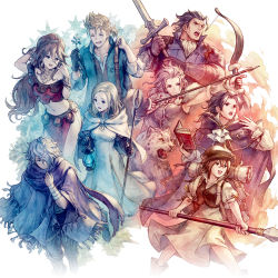 Rule 34 | 4boys, 4girls, alfyn (octopath traveler), animal, ascot, bandaged arm, bandages, blonde hair, blue hair, book, bow (weapon), breasts, brooch, brown hair, cape, closed eyes, closed mouth, crop top, cyrus (octopath traveler), dancer, dark blue hair, drawing bow, dress, everyone, fur-trimmed cape, fur trim, h&#039;aanit (octopath traveler), holding, holding book, holding bow (weapon), holding lamp, holding staff, holding sword, holding weapon, jewelry, leopard, linde (octopath traveler), long hair, long sleeves, medium breasts, multiple boys, multiple girls, octopath traveler, octopath traveler i, off-shoulder shirt, off shoulder, official art, olberic eisenberg, open mouth, ophilia (octopath traveler), poncho, ponytail, primrose azelhart, ribbon, satou kivi, scarf, shirt, short hair, short sleeves, smile, snow leopard, staff, sword, therion (octopath traveler), tressa (octopath traveler), weapon, white ascot, white dress, white hair, wrist ribbon