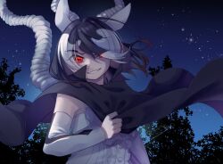 Rule 34 | 1girl, antelope ears, antelope horns, bare shoulders, black cape, black hair, blackbuck (kemono friends), cape, center frills, commentary request, detached sleeves, frills, glowing, glowing eyes, highres, isobee, kemono friends, multicolored hair, night, night sky, red eyes, shirt, short hair, sky, smile, solo, two-tone hair, upper body, white hair, white shirt, white sleeves