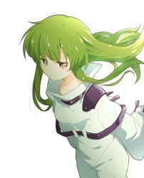 Rule 34 | 1girl, bafarin, bodysuit, c.c., closed mouth, code geass, collarbone, cowboy shot, facial mark, floating hair, forehead mark, green hair, highres, long hair, long sleeves, looking at viewer, simple background, smile, solo, standing, straitjacket, strap, white background, white bodysuit, yellow eyes