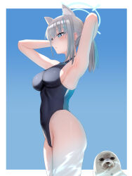 Rule 34 | 1girl, animal ear fluff, animal ears, arms behind head, bakaking, black one-piece swimsuit, blue archive, blue eyes, blue sky, breasts, competition swimsuit, covered navel, cowboy shot, cross hair ornament, extra ears, grey hair, hair ornament, halo, highres, low ponytail, medium breasts, medium hair, mismatched pupils, multicolored clothes, multicolored swimsuit, official alternate costume, one-piece swimsuit, seal (animal), shiroko (blue archive), shiroko (swimsuit) (blue archive), sky, standing, swimsuit, wolf ears