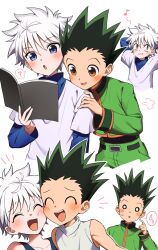 Rule 34 | 2boys, :3, ?, ^ ^, absurdres, arms behind head, aruminsuko, black hair, blue eyes, blush, book, brown eyes, closed eyes, fang, gon freecss, hair between eyes, highres, holding, holding book, hunter x hunter, jacket, killua zoldyck, layered sleeves, long sleeves, male focus, multiple boys, multiple views, musical note, o o, open mouth, puff of air, shirt, shorts, simple background, sleeveless, spiked hair, spoken question mark, spoken sweatdrop, sweat, sweatdrop, turtleneck, white background, white hair