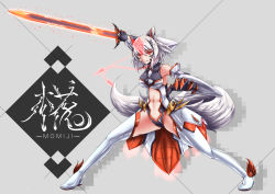 Rule 34 | 1girl, adapted costume, albino, alternate costume, animal ears, bare shoulders, boots, center opening, character name, claws, commentary request, detached sleeves, fake horns, fighting stance, gloves, glowing, glowing sword, glowing weapon, grey background, grin, headgear, highres, horns, inubashiri momiji, inyuppo, navel, red eyes, shiny clothes, shiny skin, short hair, slit pupils, smile, sword, tail, thigh boots, thighhighs, touhou, weapon, white hair, white thighhighs, wide sleeves, wolf ears, wolf girl, wolf tail