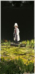 Rule 34 | 1girl, absurdres, black pants, black shirt, boat, brown hair, cable, coat, grass, grey eyes, highres, lily pad, medium hair, original, pants, polilla, pond, shirt, solo, stage lights, water, watercraft, wetland, white coat, white headwear