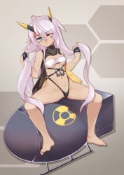 Rule 34 | 1girl, ahoge, azur lane, bandeau, black gloves, black panties, blue eyes, blush, bomb, breasts, closed mouth, commentary request, dark-skinned female, dark skin, explosive, expressionless, eyes visible through hair, facepaint, fat man (nuclear bomb), full body, gloves, hair between eyes, hand in own hair, hazard symbol, heart, heart ahoge, heterochromia, highres, horns, indianapolis (azur lane), long hair, looking at viewer, mechanical horns, medium breasts, navel, no shoes, nuclear weapon, open fly, panties, pink hair, pussy, pussy peek, radiation symbol, sitting, solo, the hermit, twintails, underboob, underwear, very long hair, weapon of mass destruction, white bandeau, yellow eyes