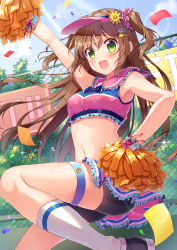 Rule 34 | 1girl, absurdres, arm up, armpits, bare arms, bare shoulders, bike shorts, black footwear, black shorts, blue bow, blue sky, blush, bow, breasts, brown hair, chain-link fence, cheerleader, confetti, crop top, day, fence, flower, frilled cuffs, frilled shirt collar, frilled skirt, frills, green eyes, hair flower, hair ornament, hairclip, hand on own hip, hat, highres, kneehighs, leg up, lens flare, long hair, midriff, miniskirt, navel, original, outdoors, pink hat, pink skirt, pom pom (cheerleading), red ribbon, ribbon, shiono (0303), shirt, shorts, shorts under skirt, skirt, sky, sleeveless, sleeveless shirt, small breasts, socks, sparkle, standing, standing on one leg, star (symbol), star hair ornament, stomach, tareme, thigh strap, two side up, very long hair, visor cap, white socks, wrist cuffs, yellow flower