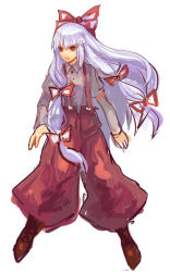 Rule 34 | 1girl, annoyed, bow, female focus, fujiwara no mokou, full body, hair bow, hair ribbon, long sleeves, mikebosi, multiple hair bows, open mouth, red eyes, ribbon, shirt, shoes, silver hair, simple background, solo, standing, suspenders, touhou, white background