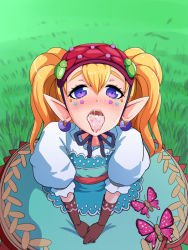Rule 34 | 1girl, agitha, blonde hair, blush, cum, cum in mouth, cum on tongue, dress, earrings, gothic lolita, grass, headdress, jewelry, lolita fashion, looking at viewer, makeup, nintendo, nose blush, open mouth, pointy ears, purple eyes, solo, the legend of zelda, the legend of zelda: twilight princess, tongue, tongue out, twintails, user pgrk2743