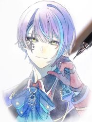 Rule 34 | 1boy, art tools in frame, black jacket, blue bow, blue bowtie, blue hair, bow, bowtie, closed mouth, collared shirt, commentary, crescent, crescent facial mark, facial mark, gloves, graphite (medium), highres, jacket, kamishiro rui, long sleeves, looking at viewer, male focus, marker (medium), mechanical pencil, multicolored hair, pato (ptro), pencil, photo (medium), project sekai, purple hair, red gloves, scar, scar across eye, scar on face, shirt, sidelocks, simple background, smile, solo, streaked hair, traditional media, two-tone hair, upper body, white background, wing collar