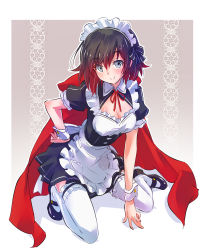 Rule 34 | 1girl, absurdres, alternate costume, apron, black dress, black hair, breasts, cape, cleavage, dress, enmaided, frilled apron, frilled thighhighs, frills, full body, gradient hair, grey eyes, highres, iesupa, kneeling, looking at viewer, maid, maid apron, maid headdress, mary janes, medium breasts, multicolored hair, puffy short sleeves, puffy sleeves, red cape, red hair, ruby rose, rwby, shoes, short hair, short sleeves, smile, solo, thighhighs, two-tone hair, waist apron, white apron, white thighhighs, wrist cuffs