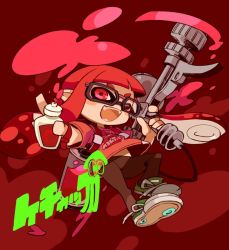 Rule 34 | 1girl, bad id, bad twitter id, blush stickers, domino mask, fangs, full body, inkling, inkling girl, inkling player character, leggings, long hair, looking at viewer, mask, mota, nintendo, one eye closed, open mouth, pointy ears, red eyes, red hair, smile, solo, splatoon (series), super soaker, tentacle hair