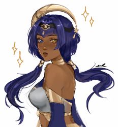 Rule 34 | 1girl, blue eyes, blue hair, candace (genshin impact), crescent, crescent hair ornament, dark-skinned female, dark skin, genshin impact, hair ornament, heterochromia, highres, long hair, looking at viewer, low twintails, parted lips, sketch, solo, spicvvramen, twintails, white background, yellow eyes