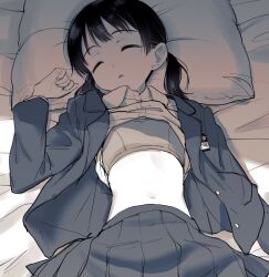 Rule 34 | 1girl, arm at side, bed, black hair, blazer, bra, closed eyes, clothes lift, commentary, curled fingers, greyscale, hand up, heero (whvu2288), jacket, loose hair strand, lying, midriff, monochrome, name tag, navel, on back, on bed, open clothes, open jacket, original, parted lips, pillow, pleated skirt, school uniform, shirt lift, short hair, skirt, sleeping, solo, stomach, training bra, twintails, underwear, upper body