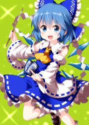 Rule 34 | 1girl, ascot, black footwear, blue bow, blue eyes, blue hair, blue ribbon, blue shirt, bow, circled 9, cirno, collarbone, cosplay, detached sleeves, frilled bow, frilled skirt, frills, gohei, green background, hair between eyes, hair bow, hakurei reimu, hakurei reimu (cosplay), highres, holding, ice, ice wings, leg up, light particles, looking at viewer, nontraditional miko, ofuda, open mouth, ribbon, ribbon-trimmed skirt, ribbon-trimmed sleeves, ribbon trim, ruu (tksymkw), shirt, short hair, skirt, smile, solo, star (sky), touhou, v-shaped eyebrows, white legwear, white ribbon, wide sleeves, wings, yellow ascot