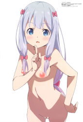 Rule 34 | 10s, 1girl, blue eyes, blush, bow, breasts, cleft of venus, cowboy shot, embarrassed, eromanga sensei, female focus, finger to mouth, hair bow, hair ornament, hand on own hip, highres, index finger raised, izumi sagiri, kanzaki hiro, long hair, looking at viewer, low-tied long hair, navel, nipples, nude, nude filter, open mouth, pussy, sidelocks, silver hair, simple background, small breasts, solo, standing, third-party edit, uncensored, white background