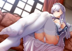 Rule 34 | 1girl, apron, areola slip, ass, azur lane, belfast (azur lane), blue eyes, blush, braid, breasts, cameltoe, chain, cleavage, clothes lift, collar, collarbone, couch, crossed ankles, curtains, day, dress, dress lift, feet, foot focus, french braid, frills, garter straps, gloves, indoors, ipuu (el-ane koubou), large breasts, lifting own clothes, long hair, looking at viewer, maid, maid headdress, no shoes, silver hair, sitting, smile, solo, thighhighs, thighs, white gloves, white thighhighs, window