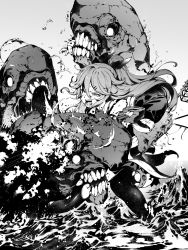 Rule 34 | 1girl, bacius, battle, biting, blood, blood from mouth, cannon, damaged, detached sleeves, firing, greyscale, highres, i-class destroyer, injury, kantai collection, long hair, machinery, monochrome, neckerchief, open mouth, pleated skirt, ponytail, rigging, school uniform, skirt, thighhighs, turret, water, yamakaze (kancolle)