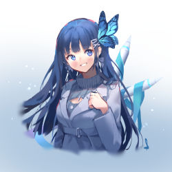 1girl aoi_nabi blue_background blue_eyes blue_hair breasts butterfly_hair_ornament cleavage_cutout clenched_hand clothing_cutout cropped_torso gradient_background grey_jacket hair_ornament hand_on_own_chest highres indie_virtual_youtuber jacket long_hair looking_to_the_side medium_breasts oversized_object parted_lips shijohane smile solo stylus sweater turtleneck turtleneck_sweater upper_body virtual_youtuber white_background