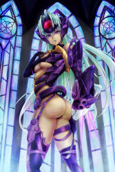 Rule 34 | 00s, 1girl, ass, breasts, cleavage, cyborg, dark-skinned female, dark skin, elbow gloves, artistic error, gloves, highres, large breasts, long hair, pote (crown), purple eyes, silver hair, stained glass, t-elos, thigh strap, underboob, xenosaga, xenosaga episode iii