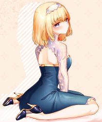 Rule 34 | 1girl, alice margatroid, back cutout, beige background, blonde hair, blue dress, blue eyes, blue footwear, blush, breasts, clothing cutout, commentary request, diagonal stripes, dress, from behind, full body, hairband, head tilt, high heels, highres, long sleeves, looking at viewer, looking back, medium breasts, mokokiyo (asaddr), shirt, short hair, silhouette, sitting, solo, striped, touhou, wariza, white hairband, white shirt