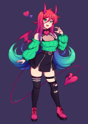 Rule 34 | 1girl, absurdres, artist name, asymmetrical legwear, belt, belt skirt, black skirt, black thighhighs, blue hair, blush, boots, breasts, cleavage, demon girl, demon horns, demon tail, demon wings, fang, full body, gradient hair, green eyes, green hair, green sweater, heart, high heel boots, high heels, highres, horns, large breasts, lips, long hair, long sleeves, looking at viewer, mismatched legwear, mole, mole under mouth, multicolored hair, nail polish, off-shoulder sweater, off shoulder, open mouth, original, pink footwear, pink nails, purple hair, red hair, skirt, smile, solo, sweater, tail, teeth, the scarlet devil, thighhighs, torn clothes, torn thighhighs, upper teeth only, very long hair, wings