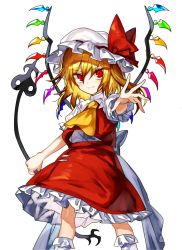 Rule 34 | 1girl, ascot, blonde hair, commentary request, flandre scarlet, gem, hair between eyes, hat, hat ribbon, highres, holding, laevatein, long hair, looking at viewer, manarou, mob cap, outstretched arm, red eyes, red ribbon, red shirt, red skirt, ribbon, shirt, short sleeves, simple background, skirt, skirt set, socks, solo, standing, touhou, v-shaped eyebrows, white background, white hat, white socks, wings, yellow ascot