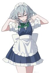 Rule 34 | 1girl, apron, back bow, bow, bowtie, braid, collared dress, dress, grey hair, hair bow, hands up, highres, izayoi sakuya, looking down, looking to the side, maid, maid headdress, norichiizu, open mouth, short sleeves, side braids, solo, touhou, waist apron