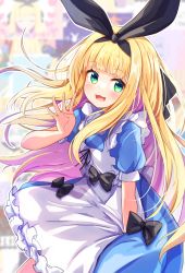Rule 34 | 1girl, :3, :d, apron, baram, black bow, black ribbon, blonde hair, blue dress, blurry, blurry background, blush, bow, collared dress, commentary request, depth of field, dress, finger counting, frilled apron, frills, green eyes, hair ribbon, hand up, highres, long hair, looking at viewer, mononobe alice, mononobe alice (1st costume), multicolored hair, neck ribbon, nijisanji, open mouth, puffy short sleeves, puffy sleeves, purple hair, ribbon, short sleeves, smile, solo, two-tone hair, very long hair, virtual youtuber, white apron