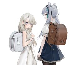 Rule 34 | 2girls, backpack, bag, bare shoulders, black ribbon, blonde hair, blue eyes, blue skirt, blush, brown bag, child, commentary request, copyright request, dress, frilled skirt, frills, from behind, hair ornament, hair ribbon, height difference, herme (ohisashiburi), highres, long hair, looking at viewer, multiple girls, ohisashiburi, pantyhose, profile, puffy short sleeves, puffy sleeves, ribbon, shirt, short sleeves, simple background, skirt, standing, white background, white dress, white shirt