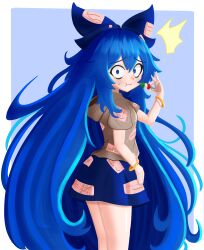 Rule 34 | 1girl, absurdres, blue background, blue bow, blue eyes, blue hair, blue skirt, bow, bracelet, closed mouth, food, hair bow, highres, holding, holding food, jewelry, just hatto, long hair, looking at viewer, short sleeves, skirt, solo, standing, textless version, touhou, very long hair, yorigami shion