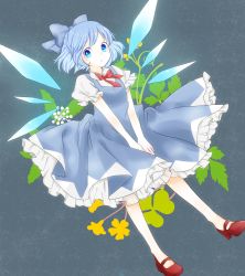 Rule 34 | 1girl, :o, blue eyes, blue hair, cirno, floral background, gradient eyes, mary janes, matching hair/eyes, md5 mismatch, multicolored eyes, no socks, shoes, short hair, solo, toma tokage, touhou, v arms, wings