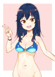 Rule 34 | 1girl, :d, bare shoulders, bikini, bikini top only, black hair, blue bikini, blush, bracelet, breasts, brown eyes, cleavage, collarbone, commentary request, fingernails, ichijou hotaru, jewelry, long fingernails, long hair, looking at viewer, navel, non non biyori, open mouth, out-of-frame censoring, smile, solo, subachi, swimsuit, v