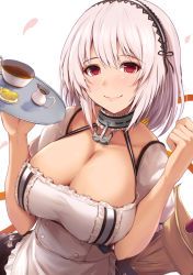 Rule 34 | 1girl, anchor choker, apron, azur lane, black dress, blush, breasts, choker, cleavage, closed mouth, collarbone, cup, dress, food, frilled choker, frills, fruit, hair between eyes, hair intakes, hairband, hands up, highres, holding, holding tray, kanzaki kureha, lace-trimmed hairband, lace trim, large breasts, lemon, lemon slice, looking at viewer, petals, puffy short sleeves, puffy sleeves, red eyes, short hair, short sleeves, simple background, sirius (azur lane), smile, solo, sword, tray, two-tone dress, upper body, waist apron, weapon, white apron, white background, white dress, white hair