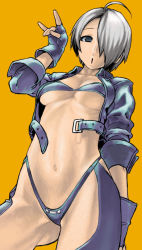 Rule 34 | 1girl, ahoge, angel (kof), breasts, cropped jacket, jacket, midriff, open clothes, open shirt, shirt, sleeves rolled up, small breasts, snk, solo, the king of fighters, wamusato haru, white hair