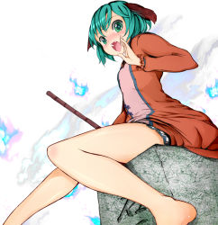 Rule 34 | 1girl, animal ears, bad id, bad pixiv id, bamboo, bamboo broom, bare legs, barefoot, blush, broom, dress, feet, female focus, foreshortening, from below, grave, green eyes, green hair, hand to own mouth, kasodani kyouko, matching hair/eyes, open mouth, pink dress, reri, sitting, solo, thighs, tombstone, touhou