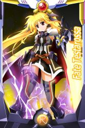 Rule 34 | 1girl, armor, armored skirt, bardiche (blitz saber form) (nanoha), bardiche (nanoha), belt, black dress, black footwear, black gloves, black ribbon, black thighhighs, blonde hair, boots, brown belt, cape, character name, closed mouth, commentary, dress, electricity, energy sword, fate testarossa, fate testarossa (blaze iii), frown, gloves, greaves, hair ribbon, highres, holding, holding sword, holding weapon, light particles, long hair, looking to the side, lyrical nanoha, magical girl, mahou shoujo lyrical nanoha detonation, overskirt, red cape, red eyes, ribbon, short dress, sidelocks, sleeveless, sleeveless dress, solo, standing, sword, thigh boots, thighhighs, thighs, twintails, two-sided cape, two-sided fabric, v-shaped eyebrows, very long hair, weapon, white cape, yorousa (yoroiusagi)
