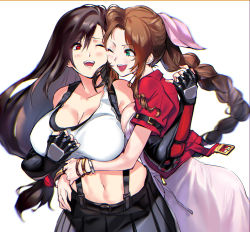 Rule 34 | 2girls, aerith gainsborough, arm guards, black hair, black skirt, bow, braid, braided ponytail, brown hair, cropped jacket, dress, final fantasy, final fantasy vii, final fantasy vii remake, fingerless gloves, gloves, green eyes, highres, jacket, long dress, long hair, low-tied long hair, multiple girls, navel, negresco, pink bow, pink dress, red eyes, red jacket, shirt, skirt, smile, stomach, suspender skirt, suspenders, tank top, taut clothes, taut shirt, tifa lockhart, toned