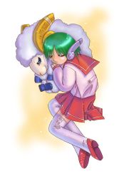 Rule 34 | 1girl, android, blade runner, bob cut, cyberpunk, do androids dream of electric sheep?, floating, g-mam, green hair, multi (to heart), robot ears, school uniform, science fiction, serafuku, sheep, sleeping, solo, thighhighs, to heart, to heart (series)