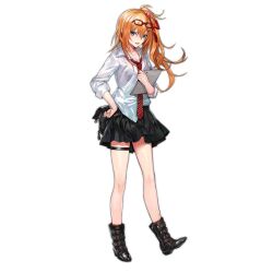 Rule 34 | 1girl, black skirt, blue eyes, boots, bra visible through clothes, breasts, brown footwear, cleavage, collared shirt, eyewear on head, full body, girls&#039; frontline, hair between eyes, hair ribbon, hand on own hip, heel up, holding, holding tablet pc, infukun, kalina (girls&#039; frontline), light blush, long hair, long sleeves, looking at viewer, medium breasts, necktie, no socks, official alternate costume, official art, open mouth, orange hair, pleated skirt, red-framed eyewear, red necktie, red ribbon, ribbon, shirt, side ponytail, simple background, skirt, smile, solo, standing, tablet pc, thigh strap, third-party source, transparent background, v-shaped eyebrows, white shirt