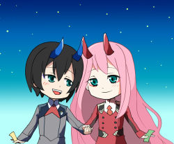 Rule 34 | 10s, 1boy, 1girl, bad id, bad pixiv id, black hair, blue eyes, blue horns, blush, commentary request, couple, darling in the franxx, green eyes, hair ornament, hairband, hetero, hinahina 283, hiro (darling in the franxx), holding hands, horns, long hair, long sleeves, looking at another, military, military uniform, necktie, night, night sky, oni horns, orange neckwear, pink hair, red horns, red neckwear, short hair, sky, star (sky), star (symbol), starry sky, tanabata, uniform, white hairband, zero two (darling in the franxx)