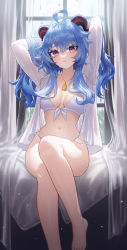 Rule 34 | 1girl, :t, absurdres, ahoge, alternate costume, arms behind head, arms up, bare legs, barefoot, bell, bikini, bikini under clothes, blue hair, blush, breasts, cleavage, curtains, foot out of frame, front-tie bikini top, front-tie top, ganyu (genshin impact), genshin impact, goat horns, gradient eyes, highleg, highleg bikini, highres, horns, indoors, jewelry, long hair, long sleeves, medium breasts, multicolored eyes, navel, neck bell, necklace, on bed, open clothes, open shirt, pout, purple eyes, raki kr, shirt, sitting, solo, string bikini, swimsuit, teardrop, tears, thighs, wavy hair, white bikini, white shirt, window