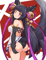 Rule 34 | 1girl, :3, animal ears, ass, ass hold, ass support, bare shoulders, bell, black hair, black panties, blush, breasts, come hither, cougar (cougar1404), dress, elbow gloves, female focus, fox ears, fox girl, fox tail, gloves, granblue fantasy, hair bell, hair ornament, hair ribbon, huge ass, jingle bell, long hair, looking at viewer, looking back, medium breasts, naughty face, panties, purple eyes, ribbon, shiny clothes, shiny skin, short dress, sideboob, smile, solo, tail, underwear, very long hair, wedgie, white dress, yuel (granblue fantasy)