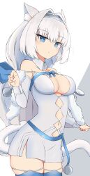 Rule 34 | 1girl, animal ears, bare shoulders, blue bow, blue eyes, blue ribbon, bow, breasts, cleavage, commentary request, cowboy shot, detached collar, dobrynya nikitich (fate), dobrynya nikitich (second ascension) (fate), expressionless, fate/grand order, fate (series), hairband, highres, looking at viewer, medium breasts, navel, nyaha, ribbon, solo, standing, tail, white hair