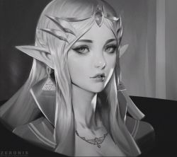 Rule 34 | 1girl, artist name, commentary, earrings, english commentary, eyelashes, greyscale, jewelry, lips, long hair, looking at viewer, monochrome, necklace, nintendo, nose, parted lips, pointy ears, portrait, princess zelda, solo, the legend of zelda, tiara, triforce, upper body, zeronis
